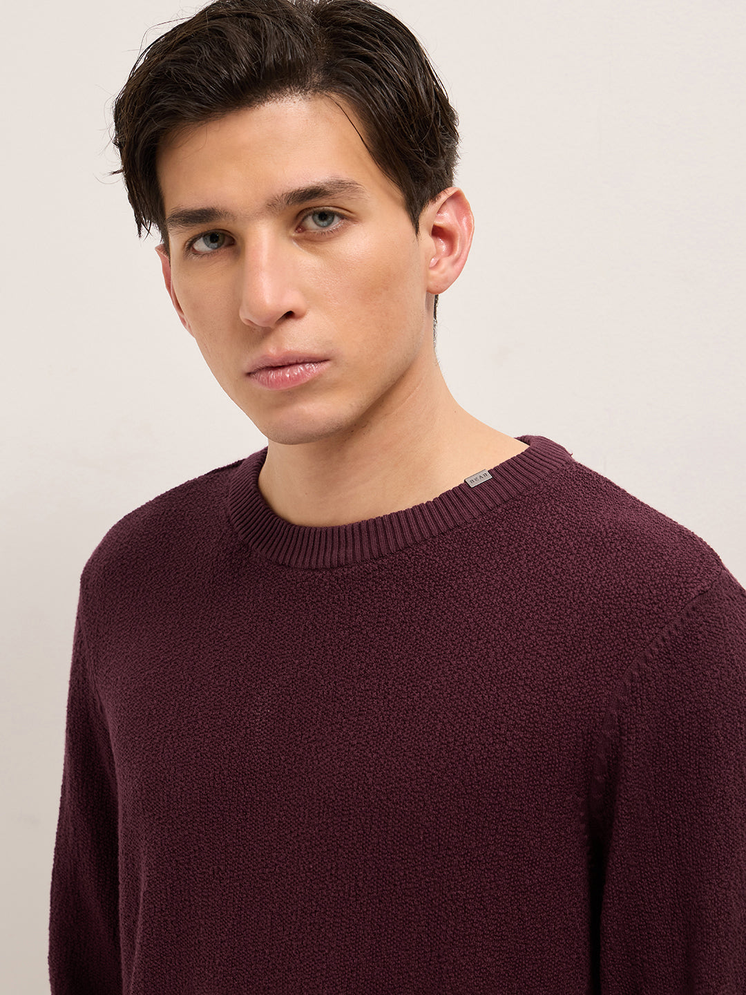 Men Maroon Regular Fit Full Sleeve Flat Knit T-Shirt