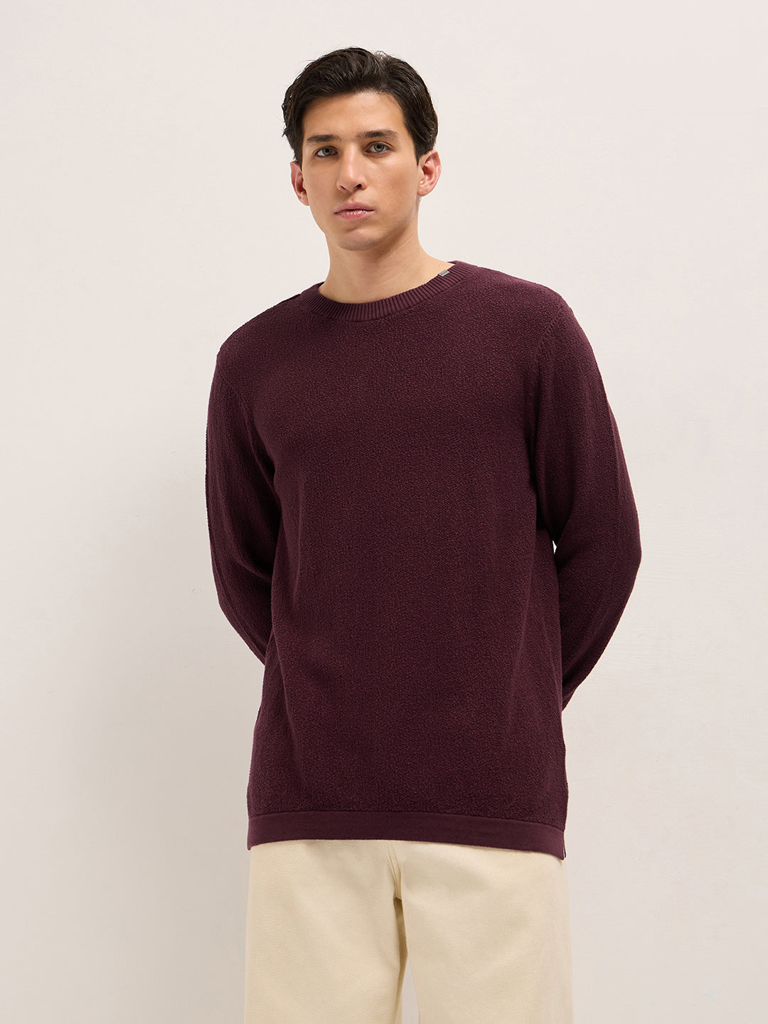 Men Maroon Regular Fit Full Sleeve Flat Knit T-Shirt