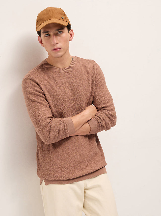Men Peach Regular Fit Full Sleeve Flat Knit T-Shirt