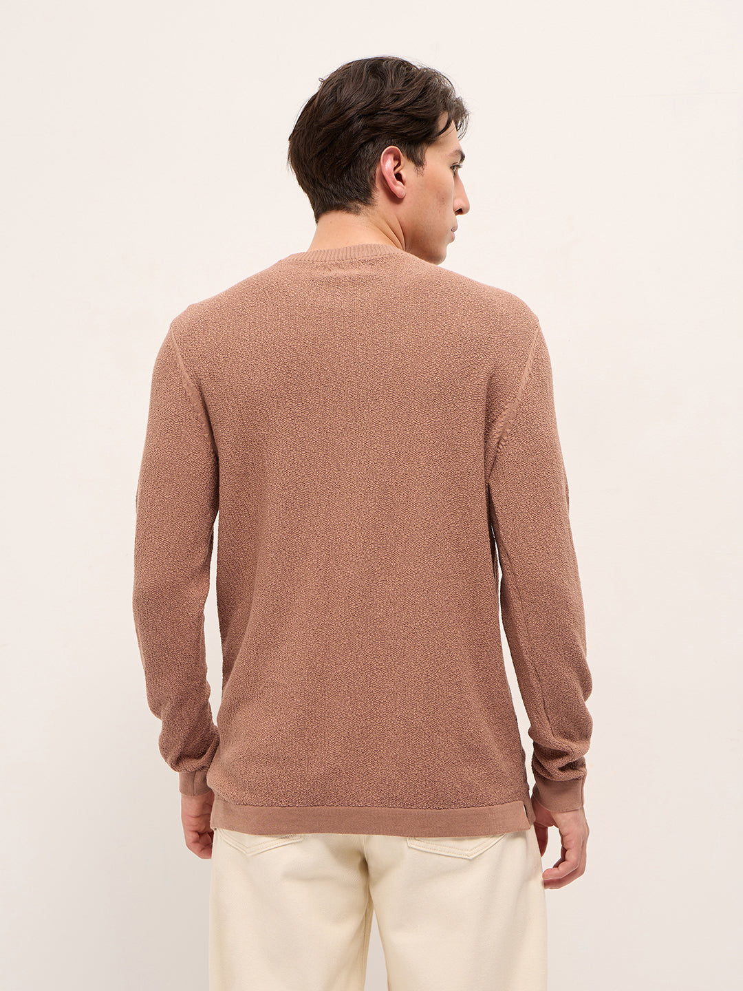 Men Peach Regular Fit Full Sleeve Flat Knit T-Shirt