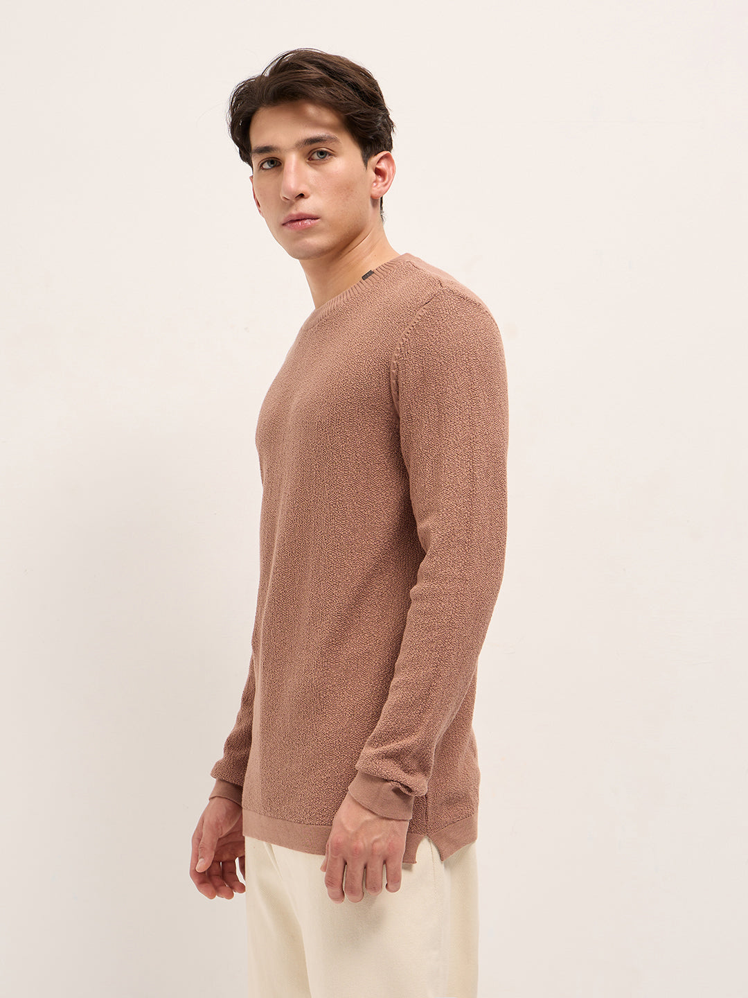 Men Peach Regular Fit Full Sleeve Flat Knit T-Shirt
