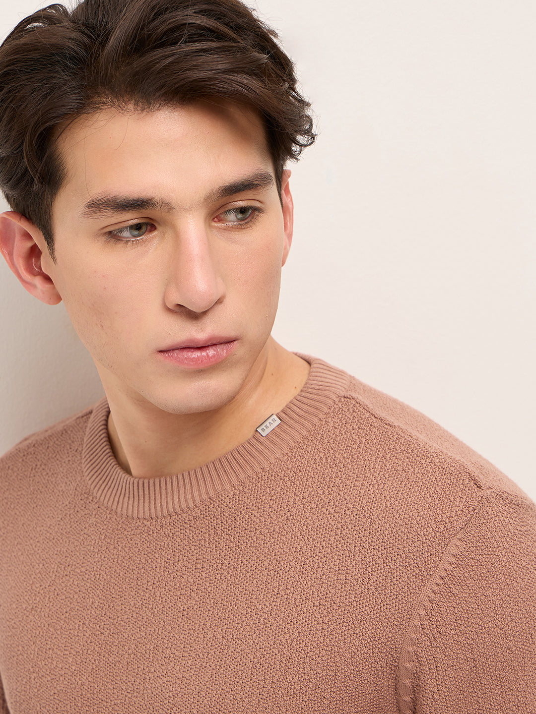 Men Peach Regular Fit Full Sleeve Flat Knit T-Shirt