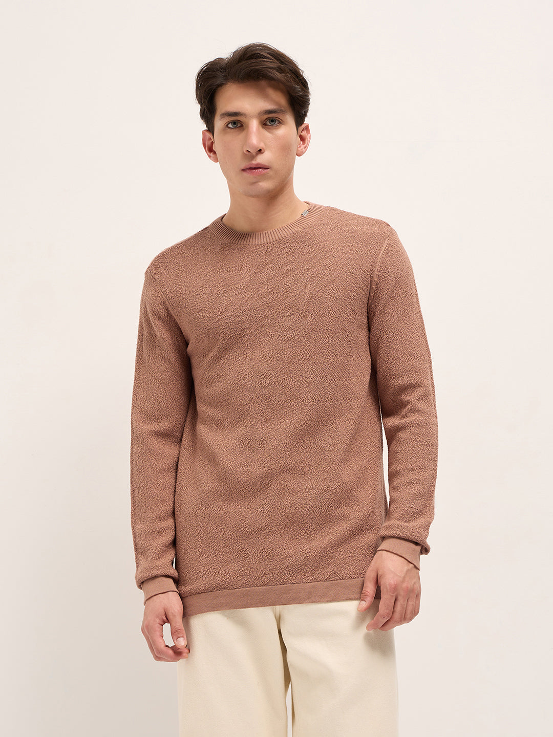 Men Peach Regular Fit Full Sleeve Flat Knit T-Shirt