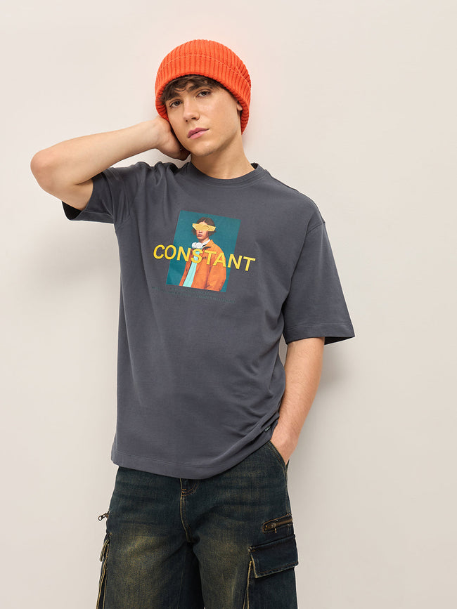 Men Grey Oversize Graphic Printed Crew Neck T-shirt