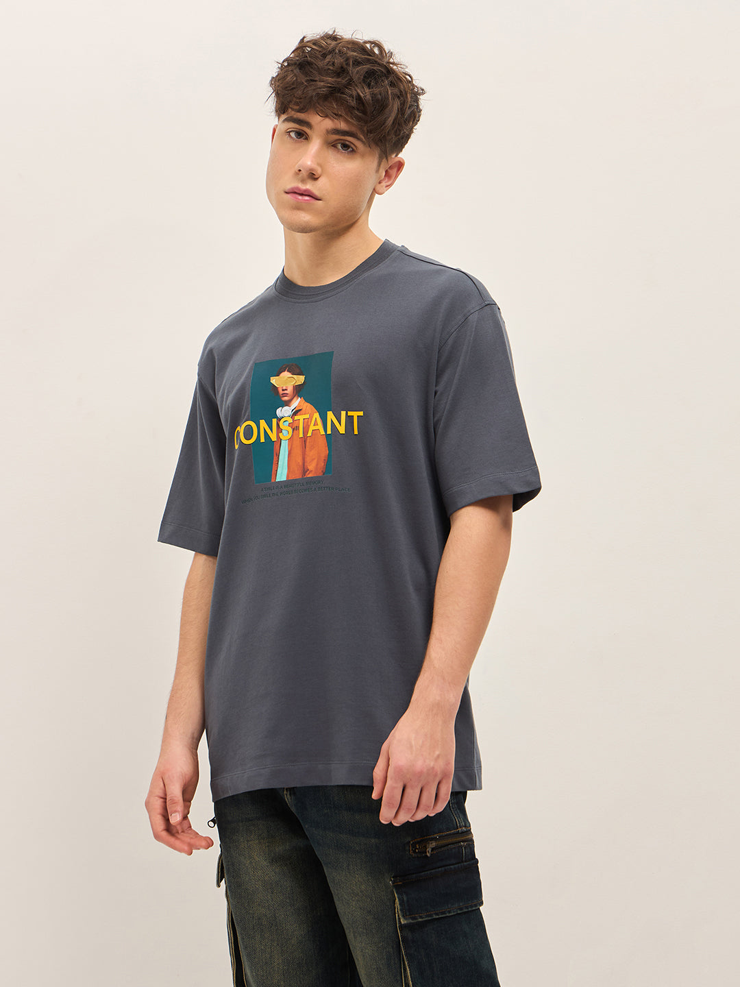 Men Grey Oversize Graphic Printed Crew Neck T-shirt