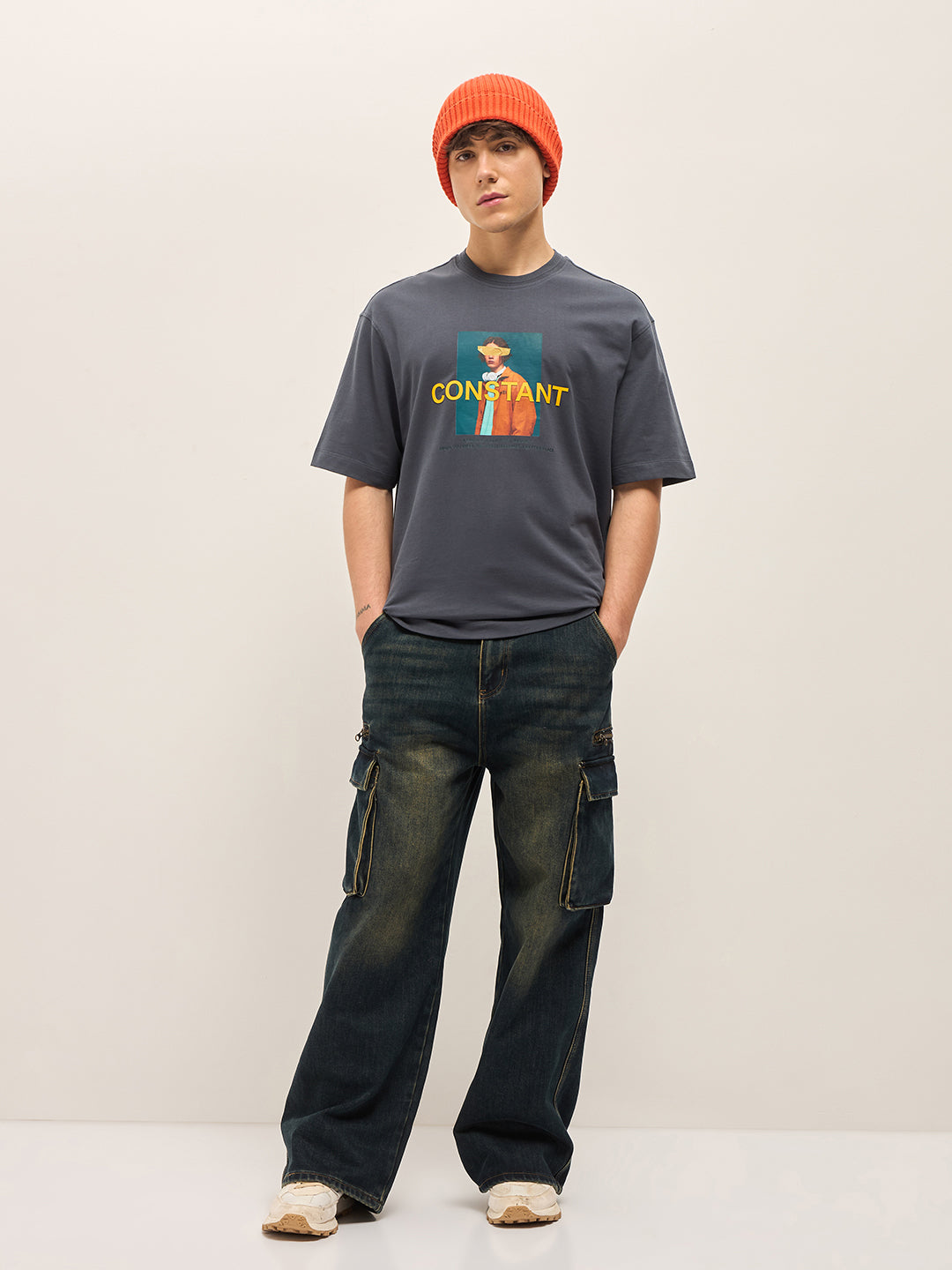 Men Grey Oversize Graphic Printed Crew Neck T-shirt