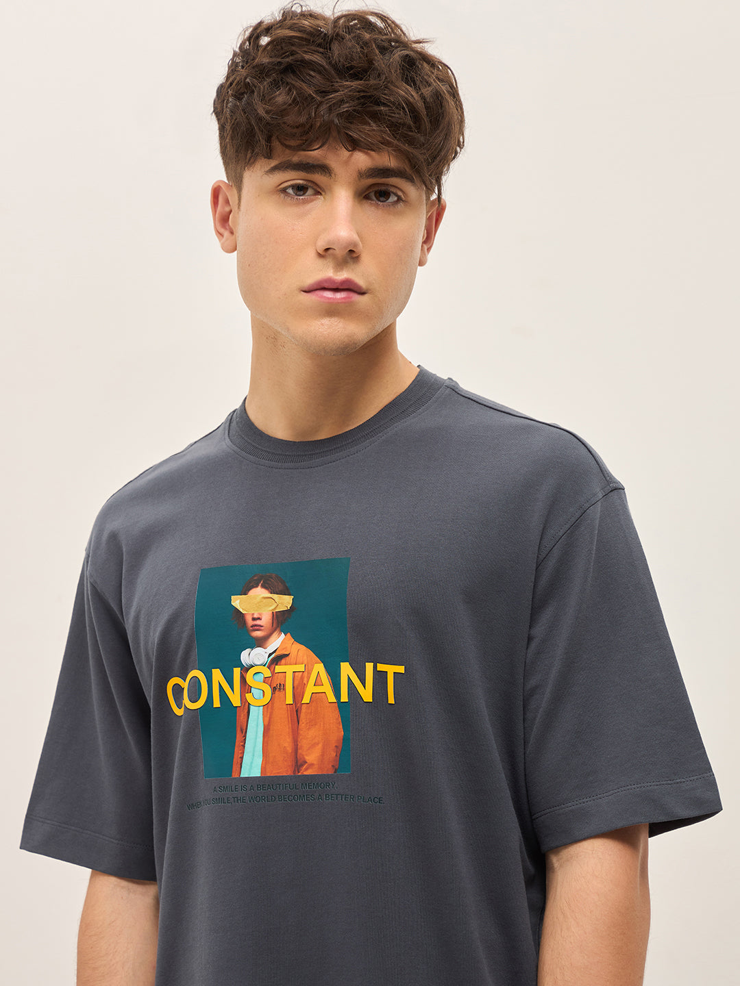 Men Grey Oversize Graphic Printed Crew Neck T-shirt