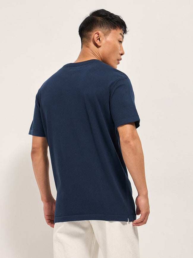 Men Navy Blue Solid Regular Fit Ribbed Crew Neck T-shirt