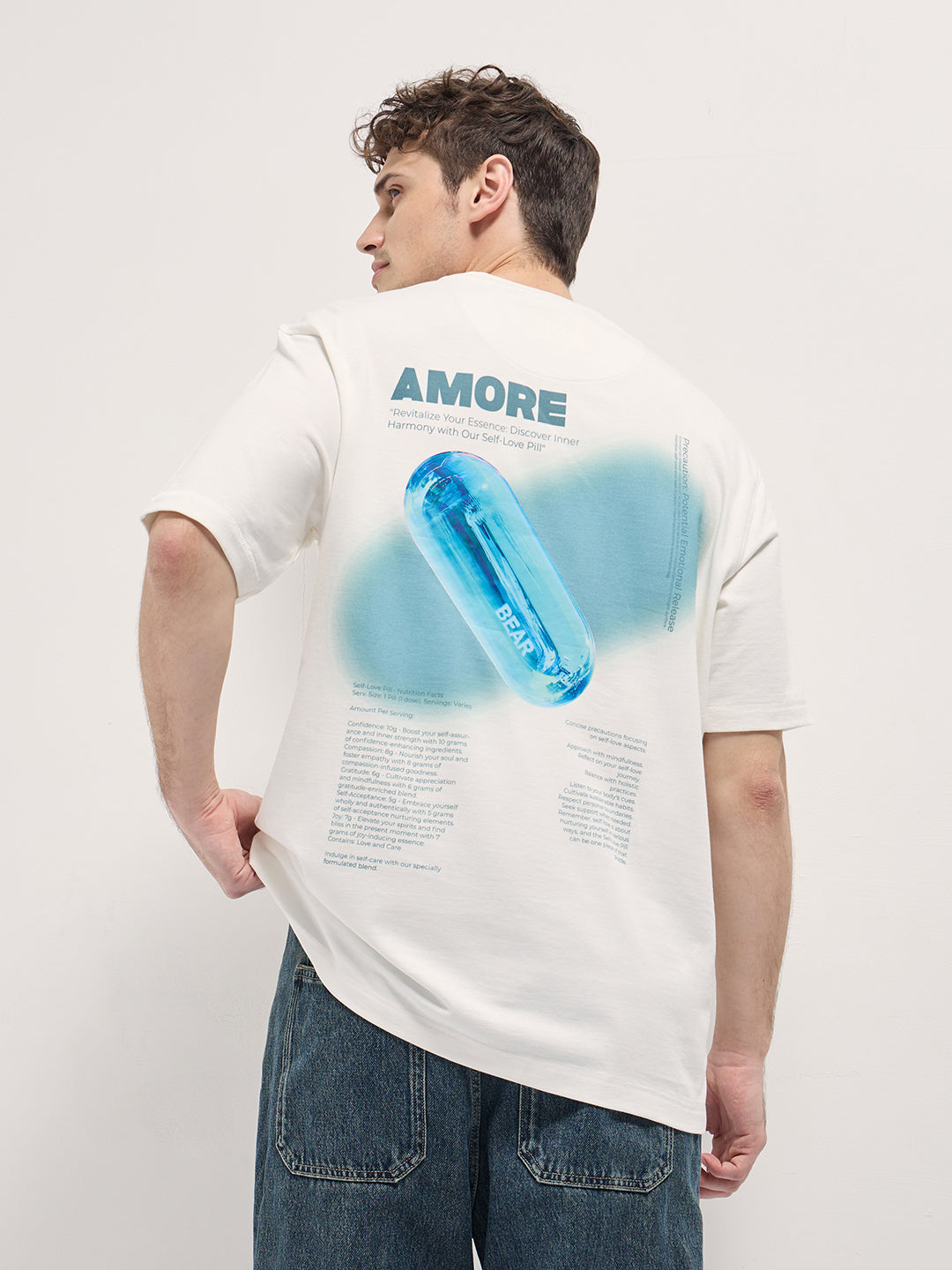 Men White 3D Graphic Back Printed Oversize Crew Neck T-shirt