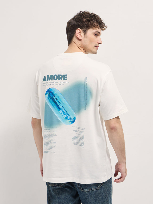 Men White 3D Graphic Back Printed Oversize Crew Neck T-shirt