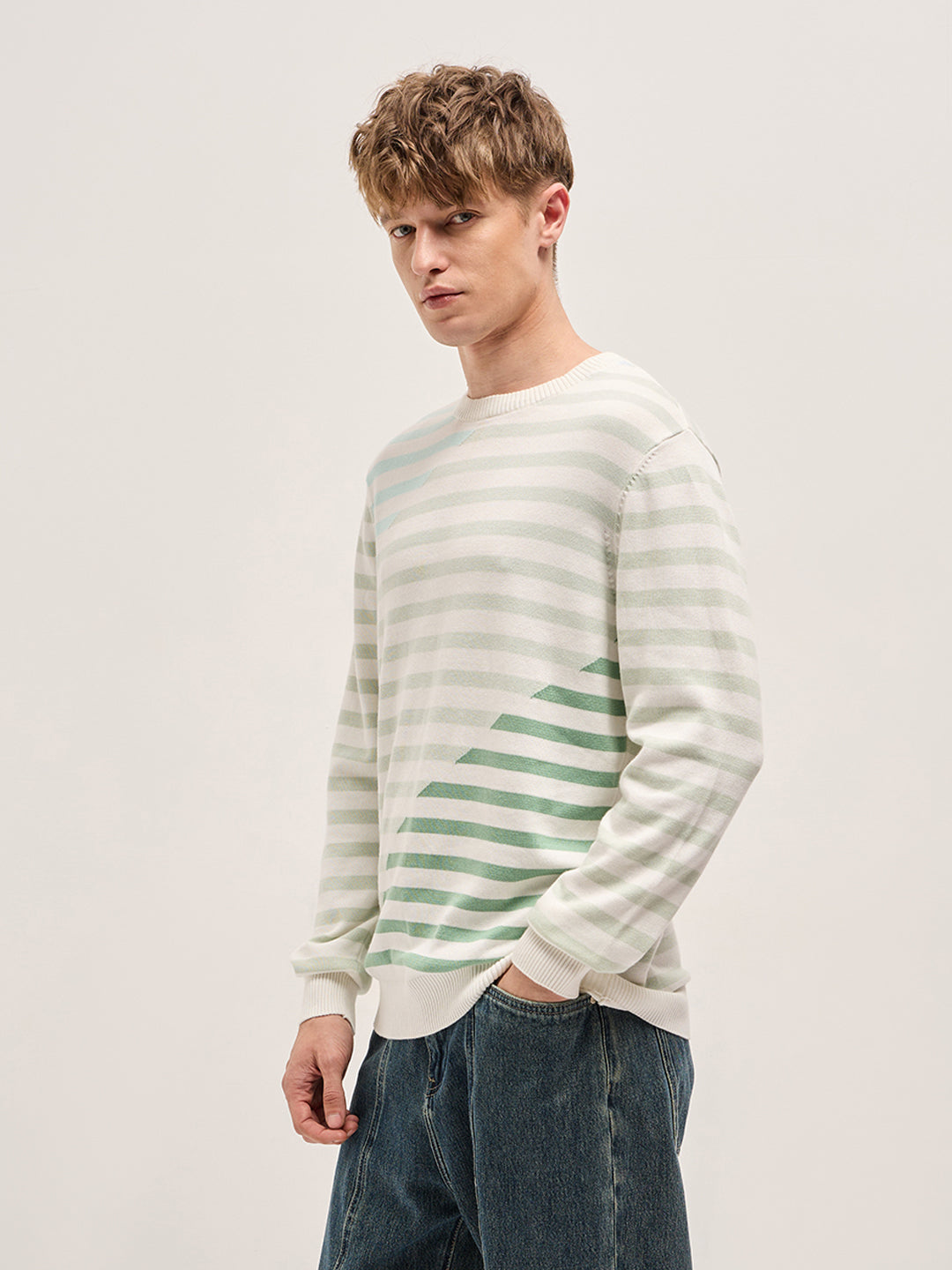 Men Multi-Color Horizontal Striped Slim Fit Ribbed Crew Neck T-shirt