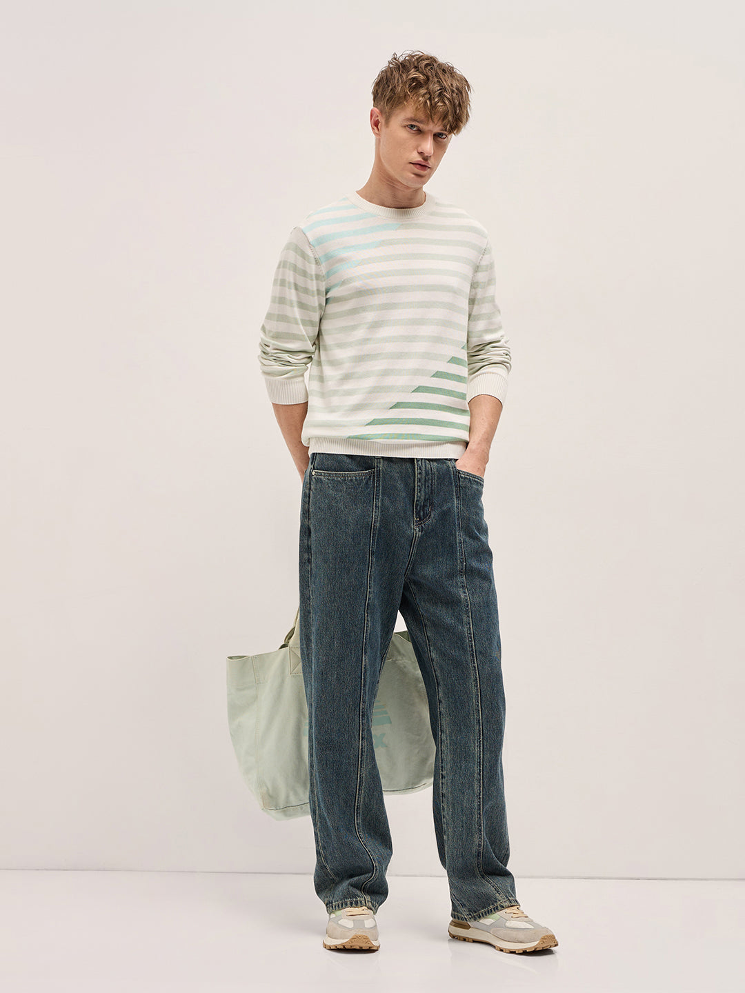 Men Multi-Color Horizontal Striped Slim Fit Ribbed Crew Neck T-shirt
