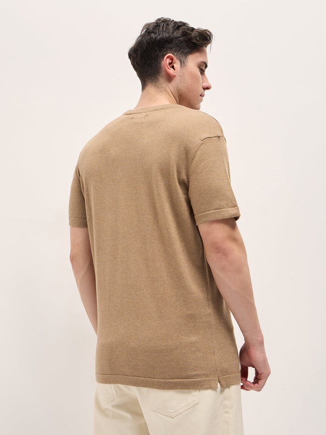 Men Brown Solid Regular Fit Ribbed Crew Neck T-shirt