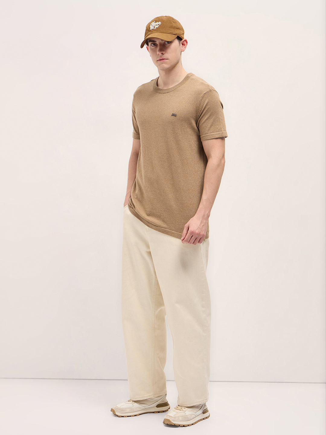 Men Brown Solid Regular Fit Ribbed Crew Neck T-shirt