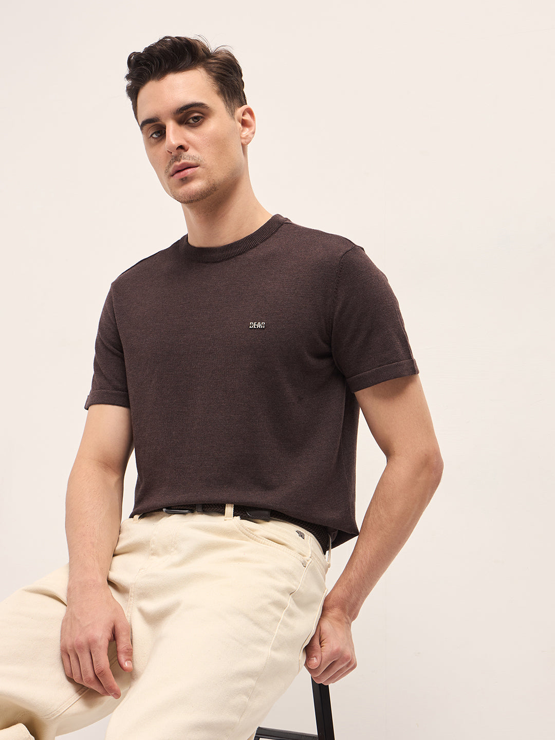 Men Brown Solid Regular Fit Ribbed Crew Neck T-shirt