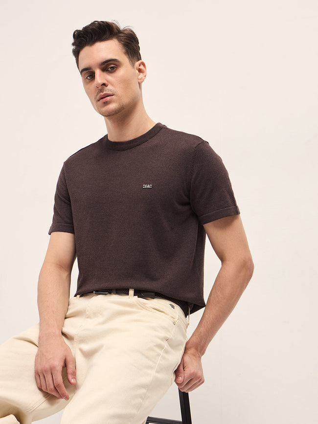 Men Brown Solid Regular Fit Ribbed Crew Neck T-shirt