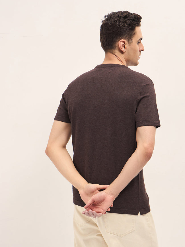 Men Brown Solid Regular Fit Ribbed Crew Neck T-shirt