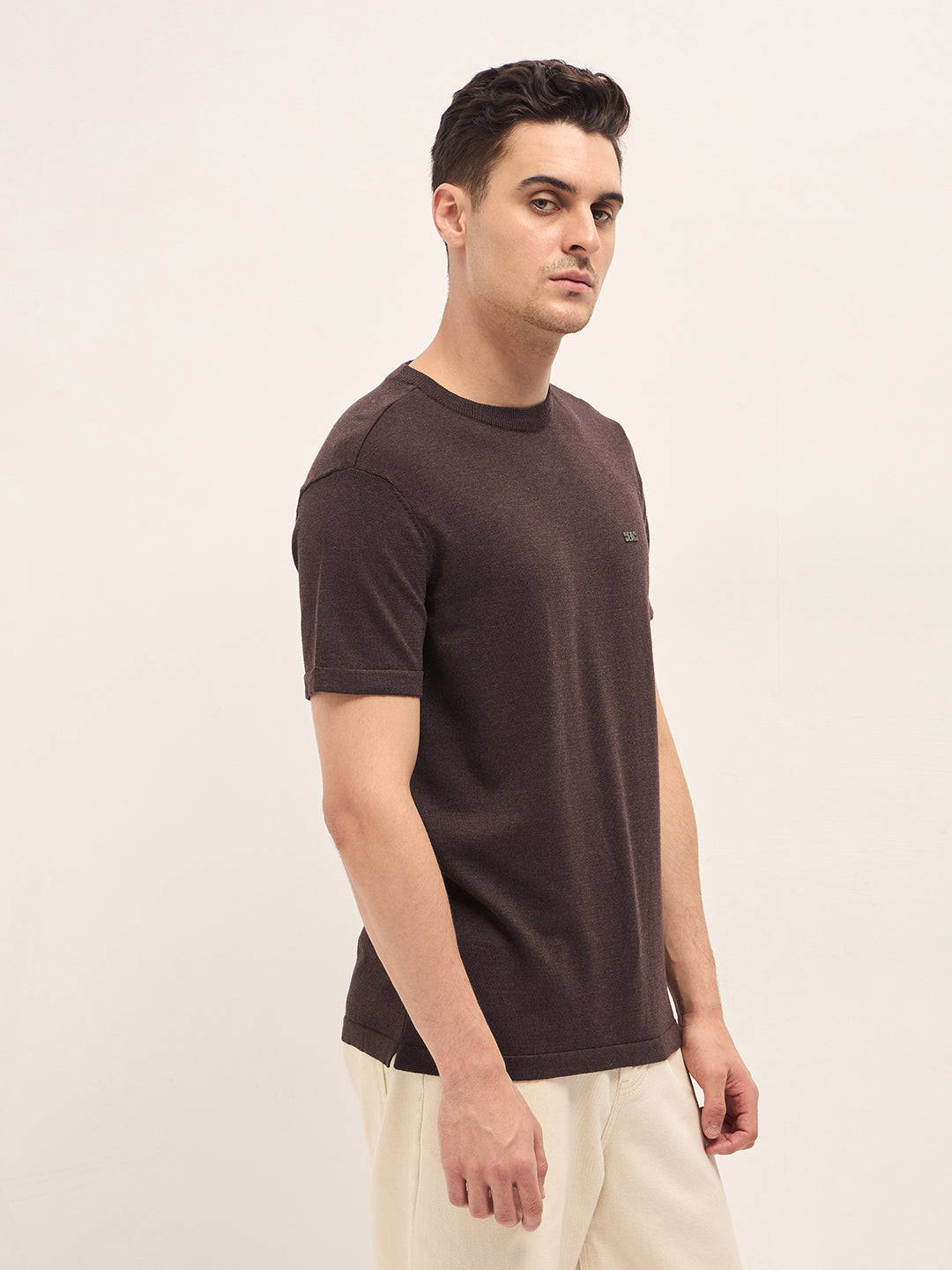 Men Brown Solid Regular Fit Ribbed Crew Neck T-shirt