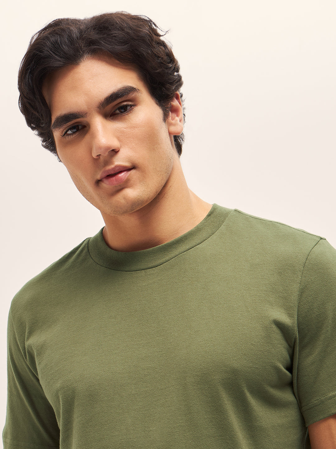 Men Olive Solid Crew Neck Regular Fit T-Shirt