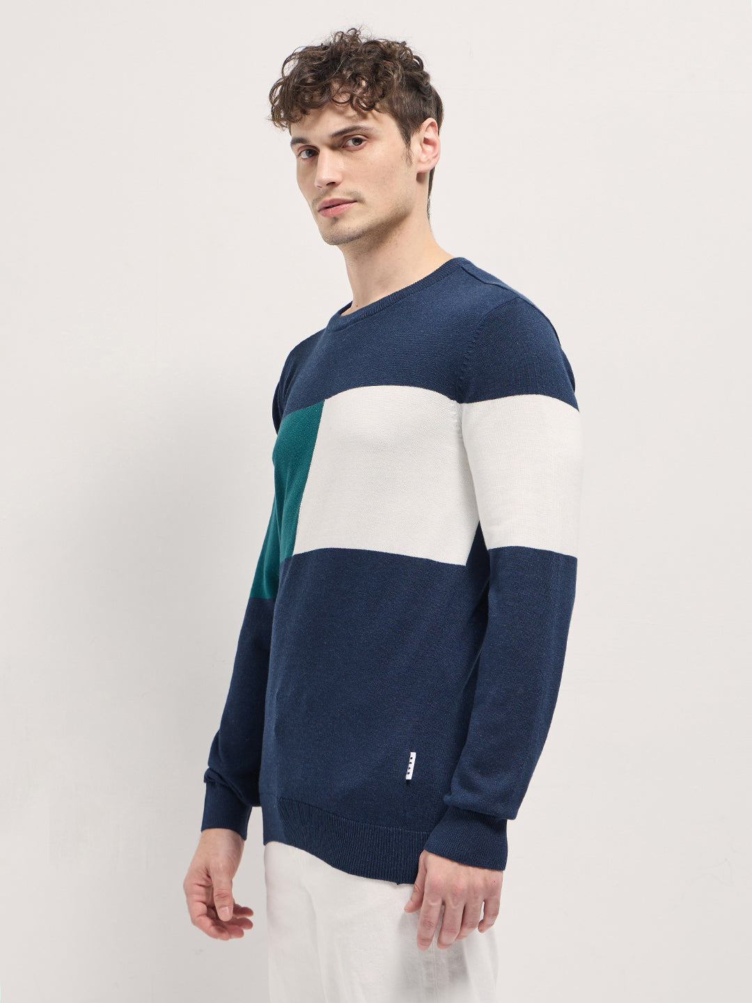 Men Multi-Color Textured Color-Block Slim Fit Ribbed Crew Neck T-shirt