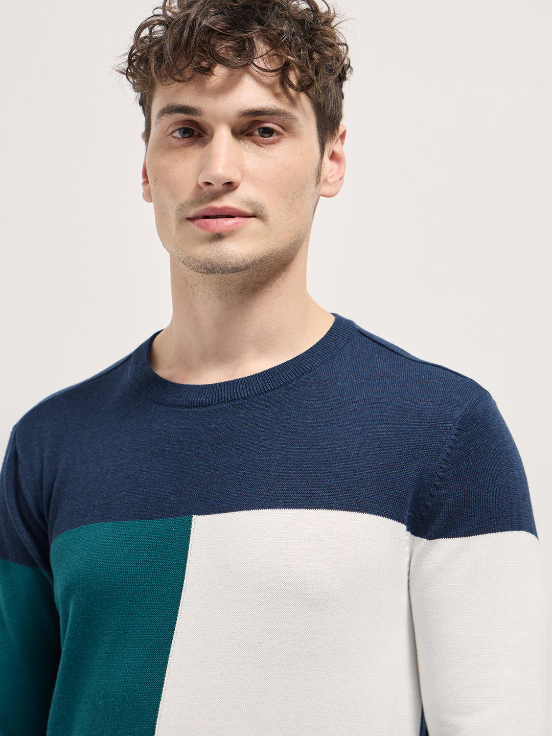 Men Multi-Color Textured Color-Block Slim Fit Ribbed Crew Neck T-shirt