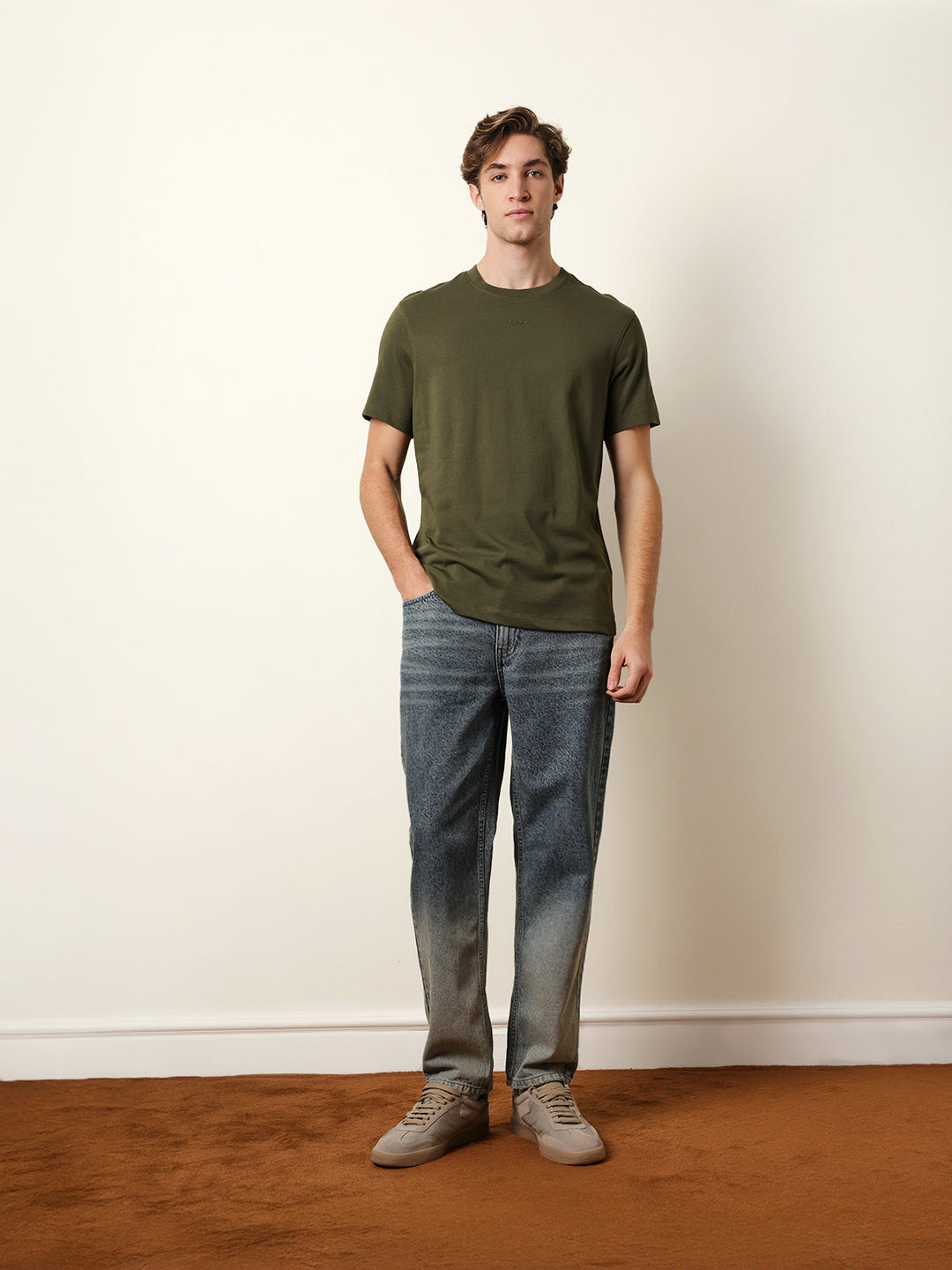 Men Olive Half Sleeve Regular T-Shirt