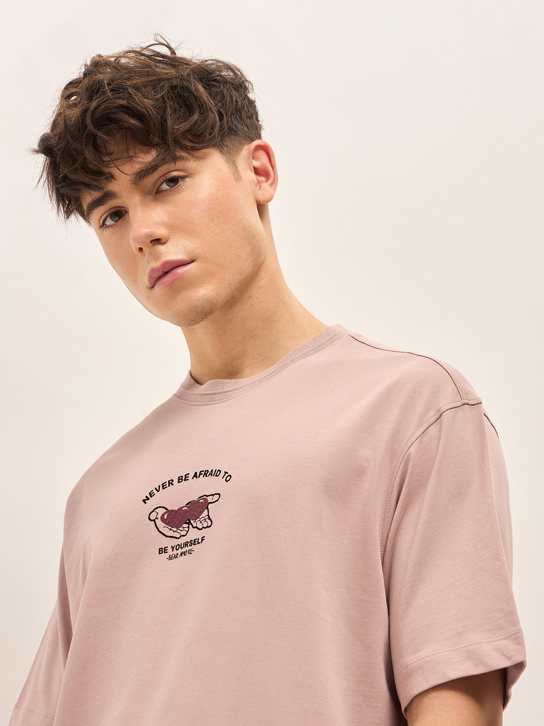 Men Dusty Pink Graphic Printed Crew Neck T-shirt