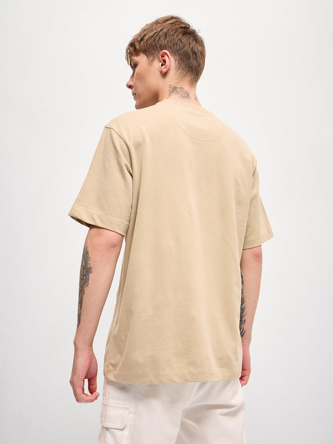 Men Beige GraphicTextured Print Oversize Crew Neck T-shirt