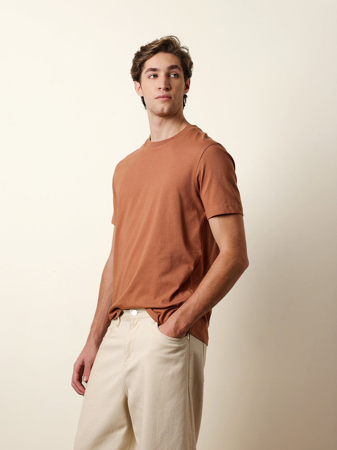 Men Beige Half Sleeve Regular T-Shirt