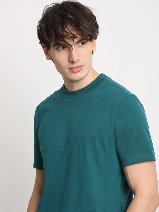 Men Teal Solid Regular Fit Round Neck T Shirt | The Bear House