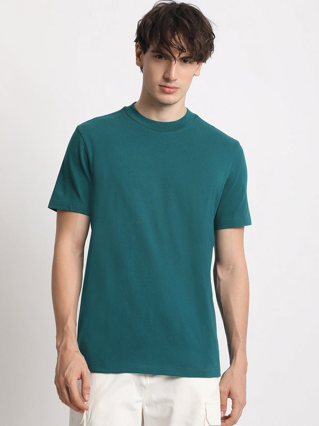 Men Teal Solid Regular Fit Round Neck T Shirt | The Bear House