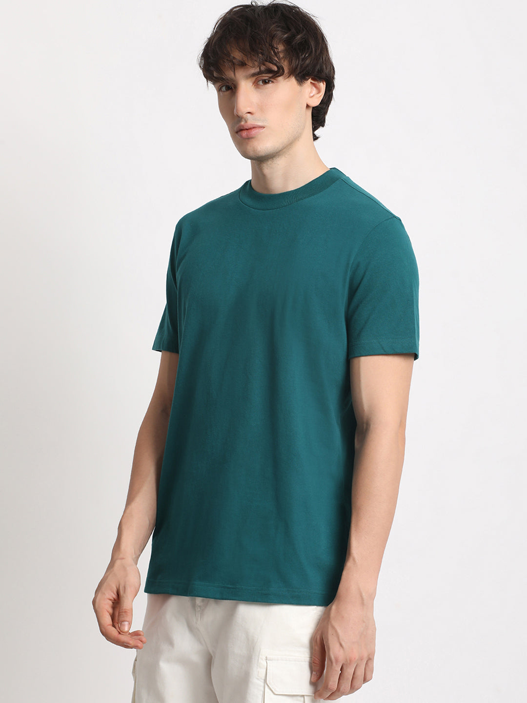 Men Teal Solid Regular Fit Round Neck T Shirt | The Bear House