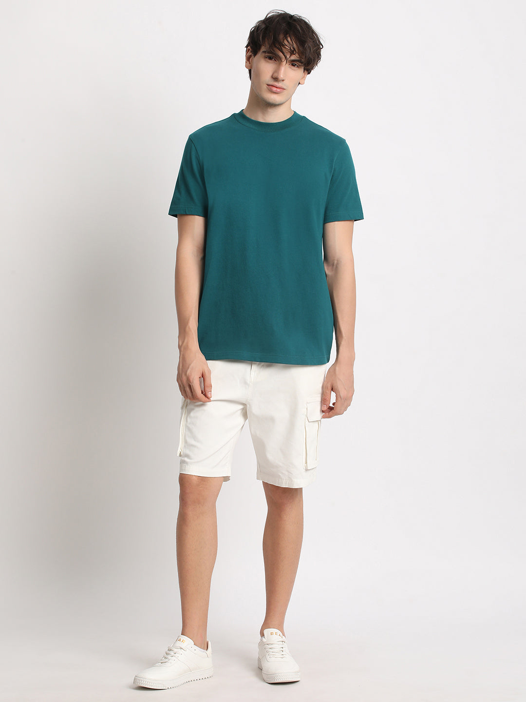 Men Teal Solid Regular Fit Round Neck T Shirt | The Bear House