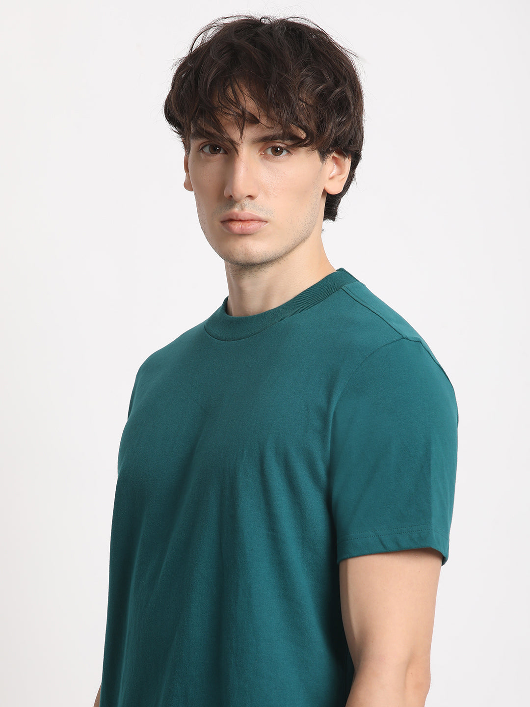 Men Teal Solid Regular Fit Round Neck T Shirt | The Bear House
