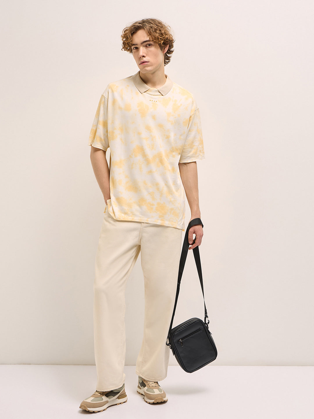 Men Soft Yellow Tie-Dye Oversize Crew Neck T-shirt