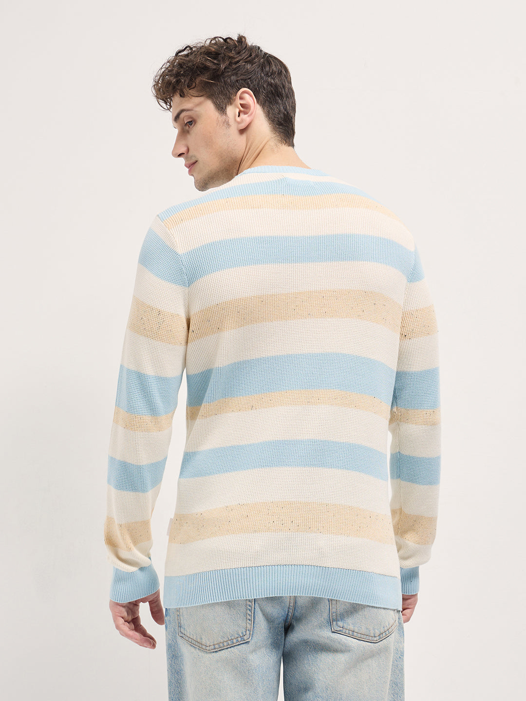 Men Multi-Color textured Striped Slim Fit Ribbed Crew Neck T-shirt
