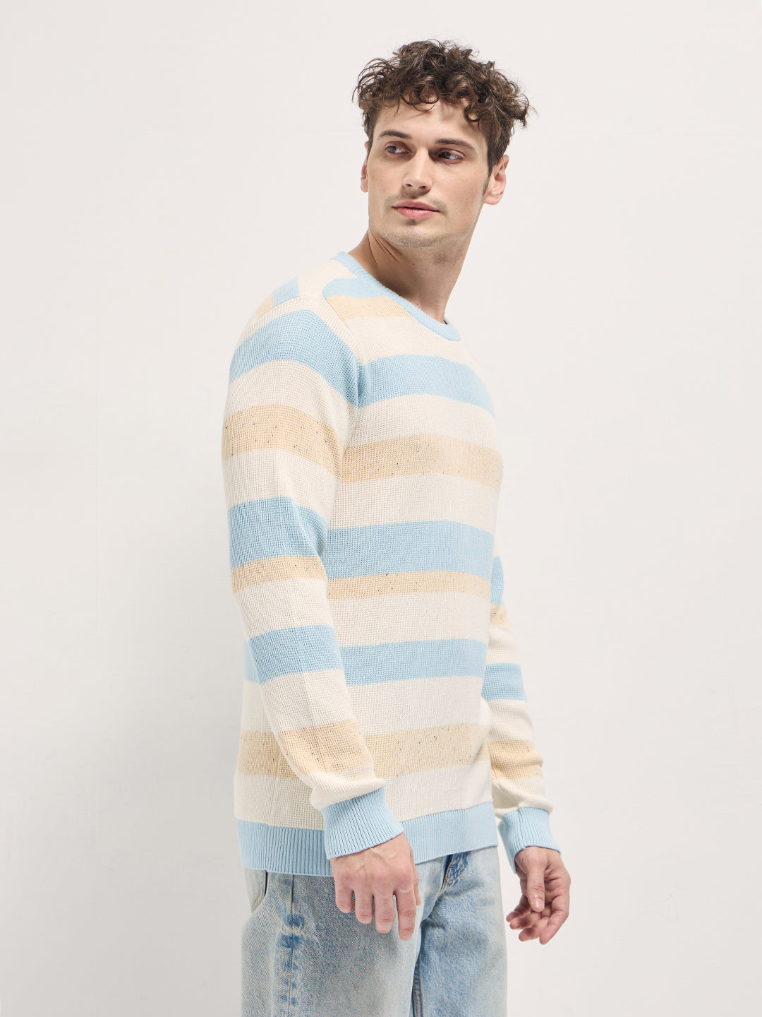 Men Multi-Color textured Striped Slim Fit Ribbed Crew Neck T-shirt