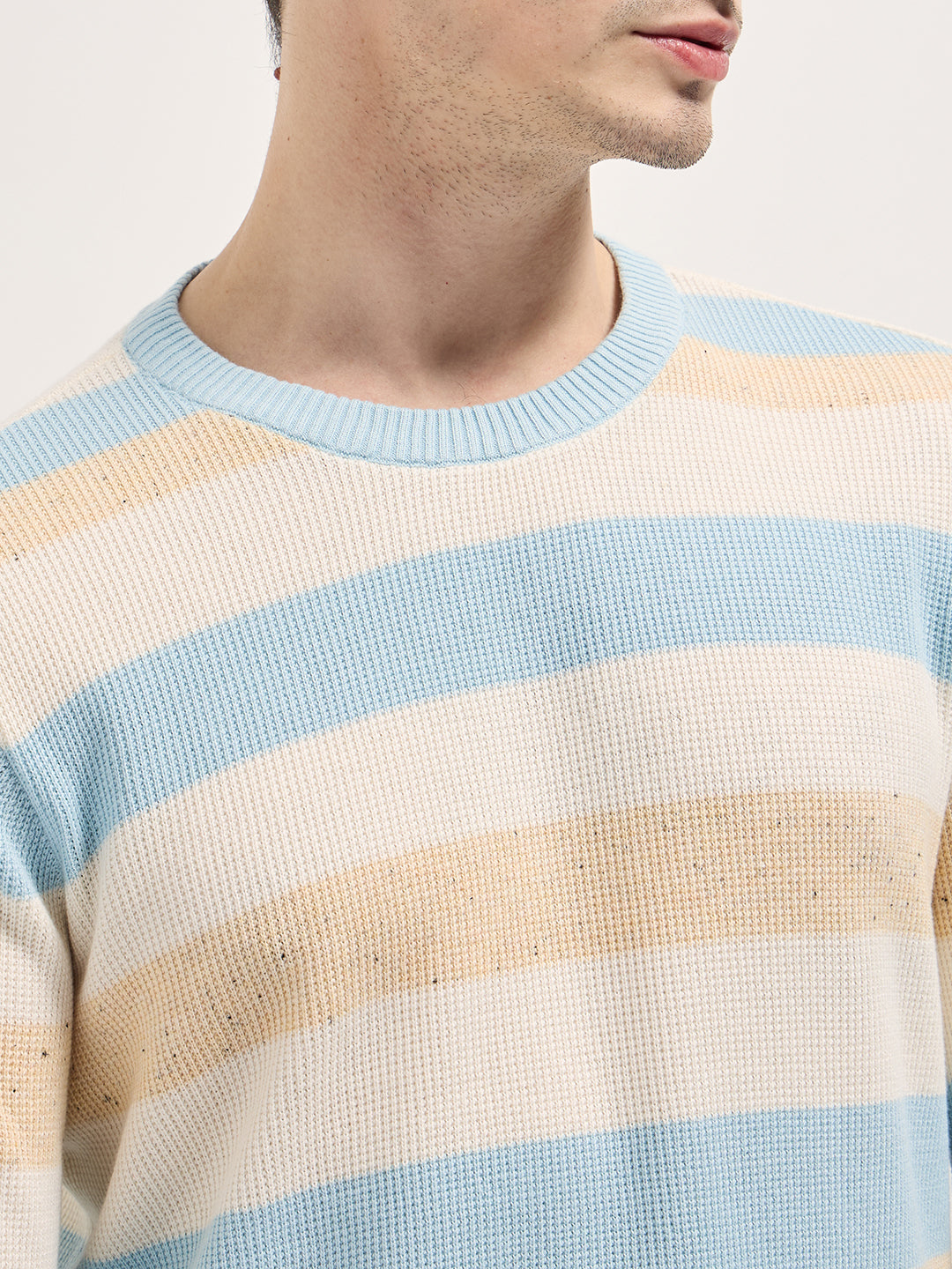 Men Multi-Color textured Striped Slim Fit Ribbed Crew Neck T-shirt