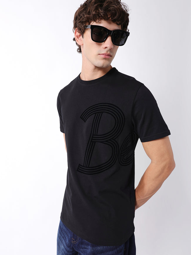 Men Black Graphic Cotton Crew Neck T-Shirt