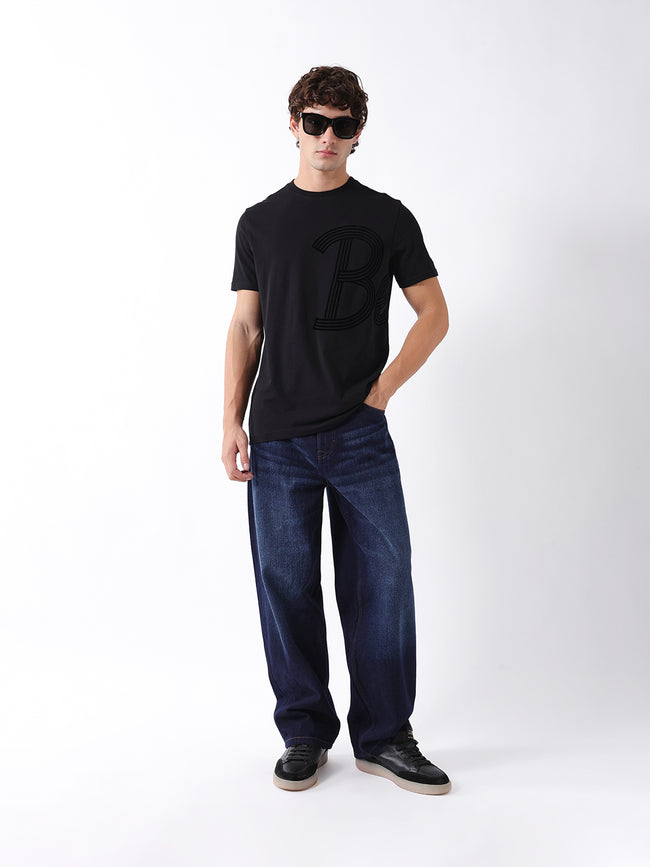 Men Black Graphic Cotton Crew Neck T-Shirt