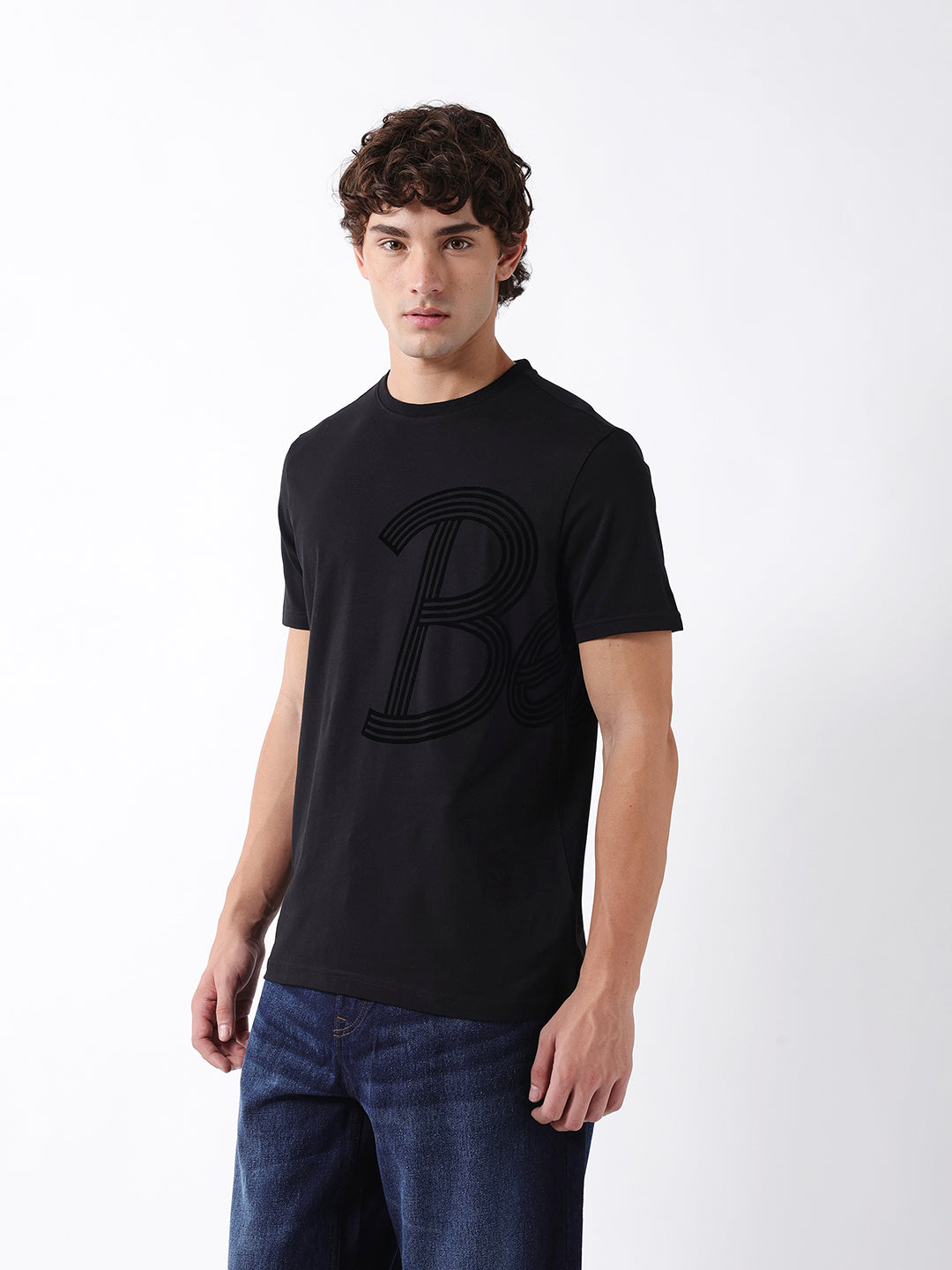 Men Black Graphic Cotton Crew Neck T-Shirt
