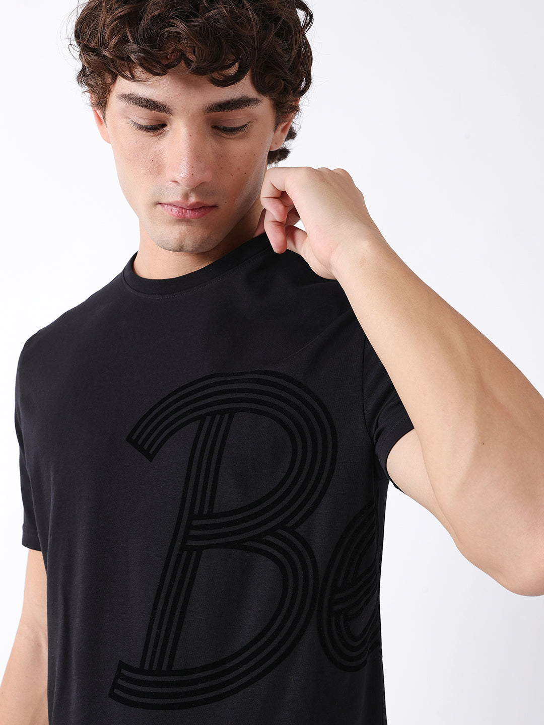 Men Black Graphic Cotton Crew Neck T-Shirt