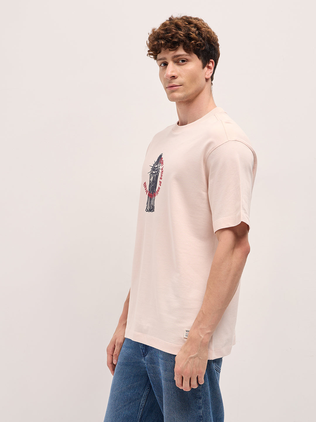 Men Peach Oversize Graphic Print T-shirt