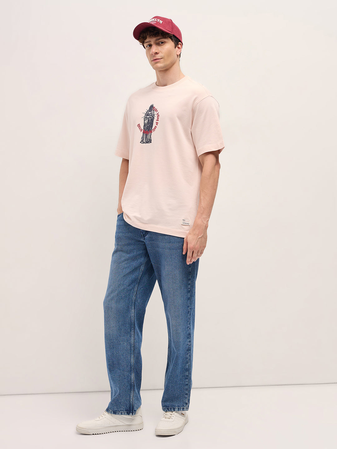 Men Peach Oversize Graphic Print T-shirt