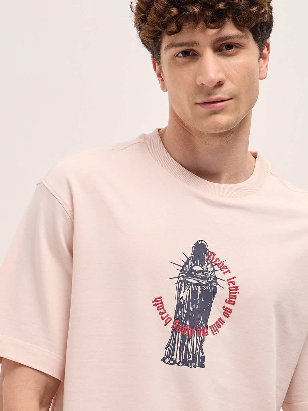 Men Peach Oversize Graphic Print T-shirt