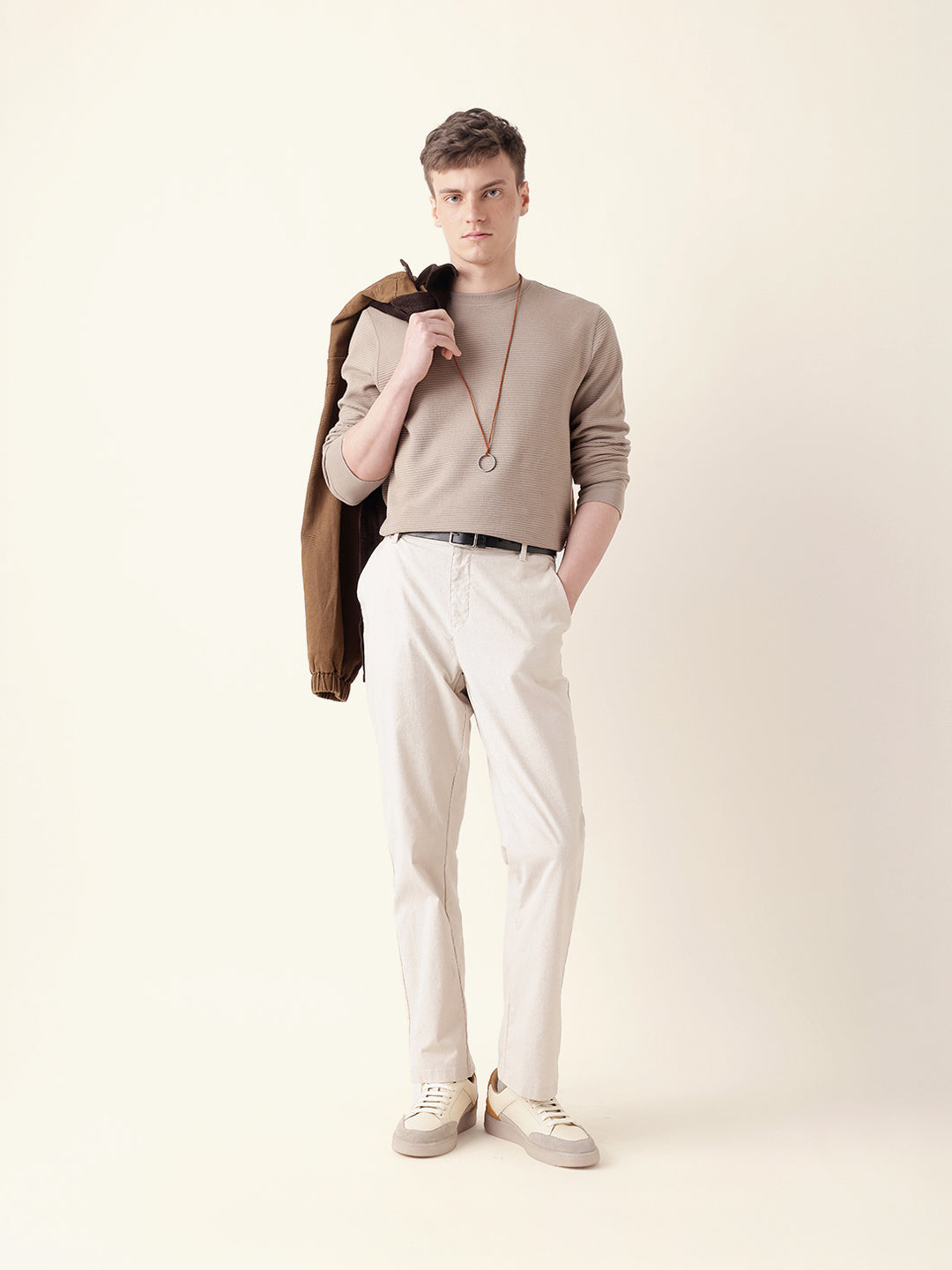 Men Brown Full Sleeve Regular T-Shirt