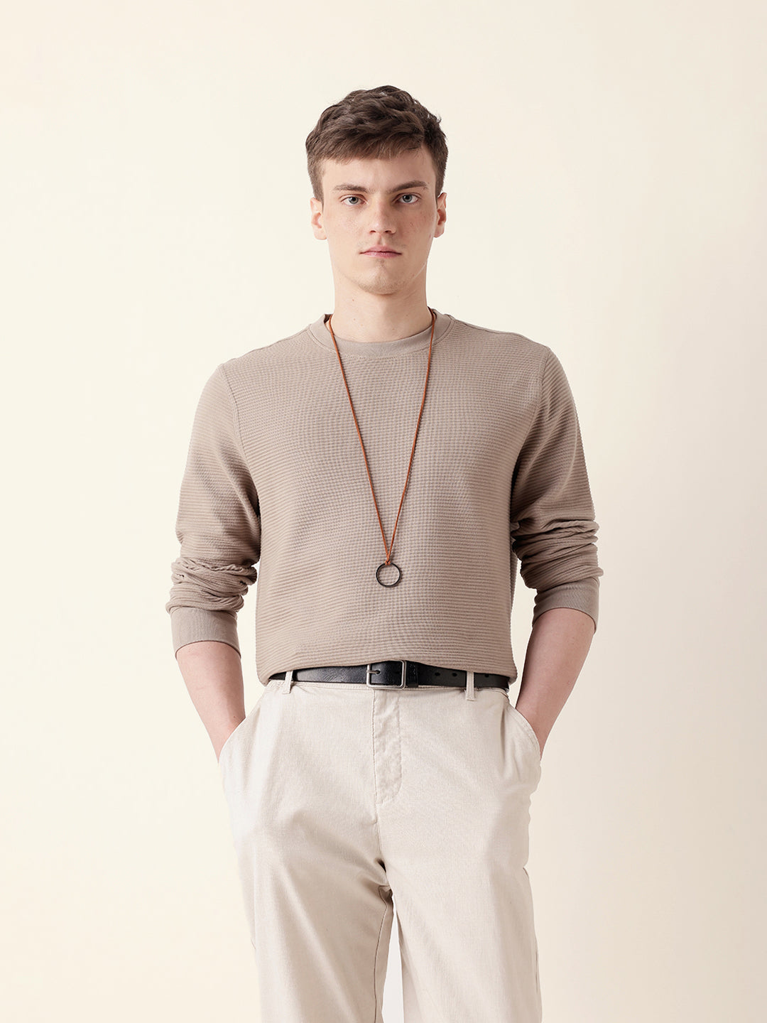 Men Brown Full Sleeve Regular T-Shirt