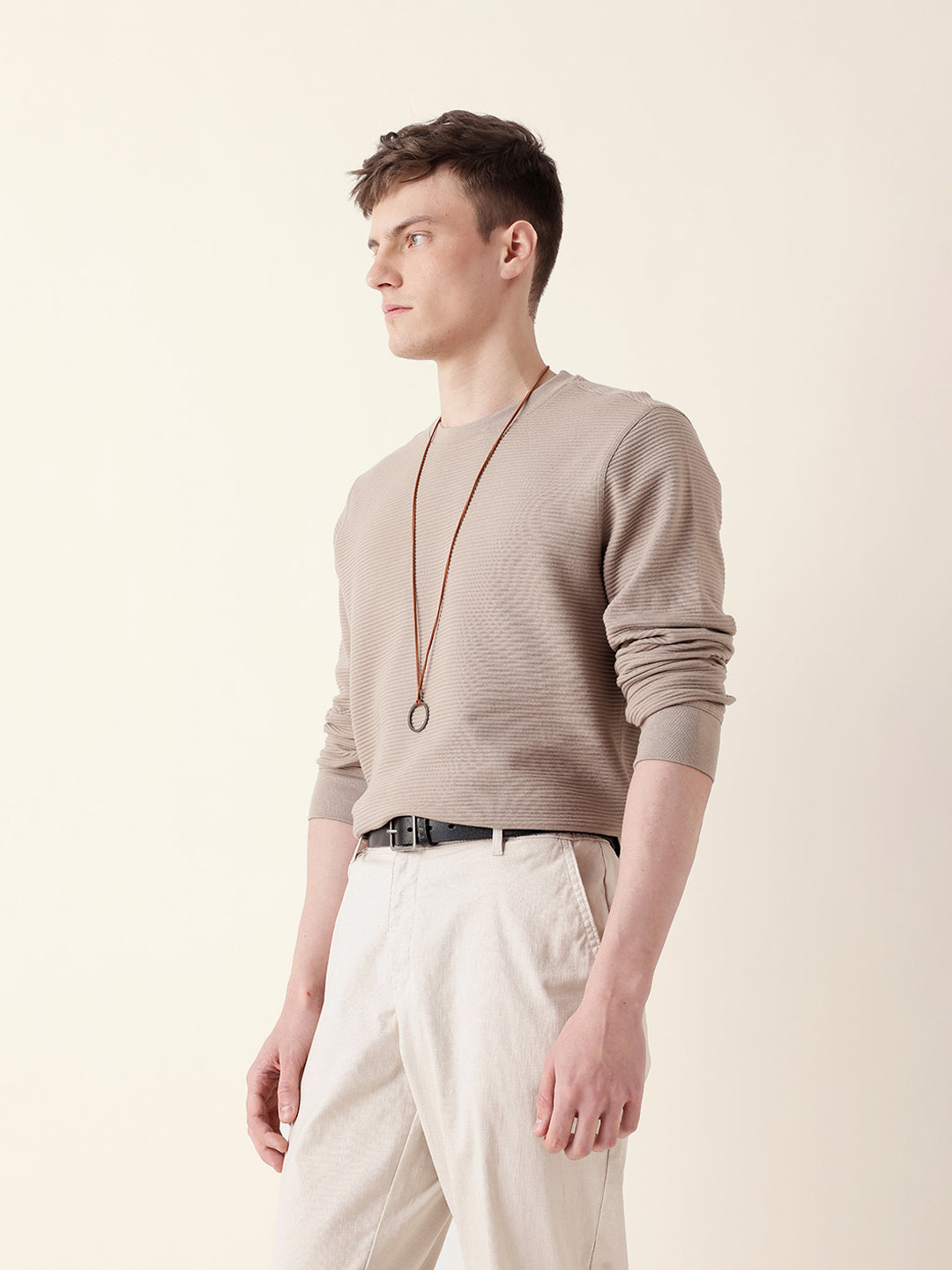 Men Brown Full Sleeve Regular T-Shirt