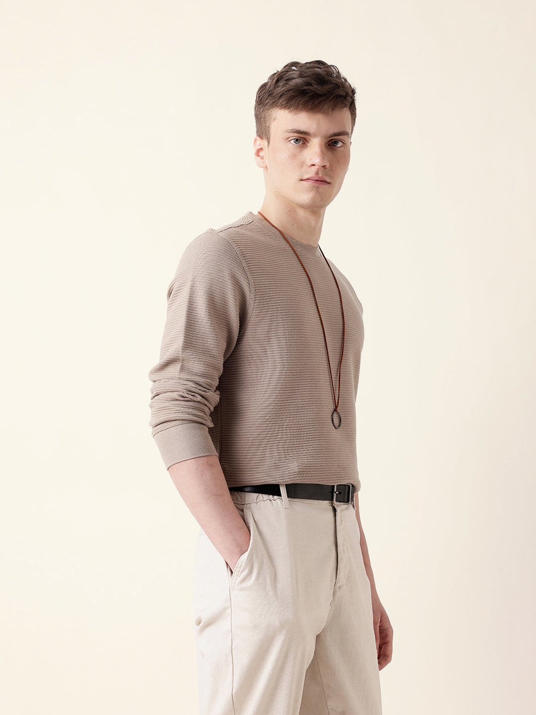 Men Brown Full Sleeve Regular T-Shirt