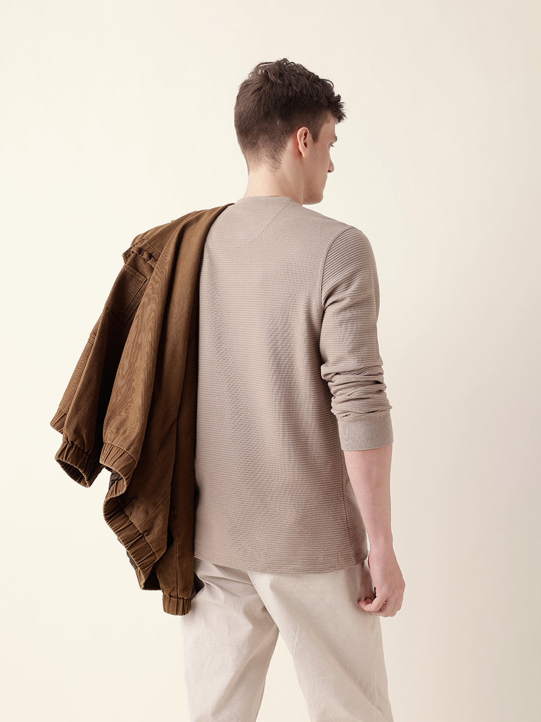 Men Brown Full Sleeve Regular T-Shirt